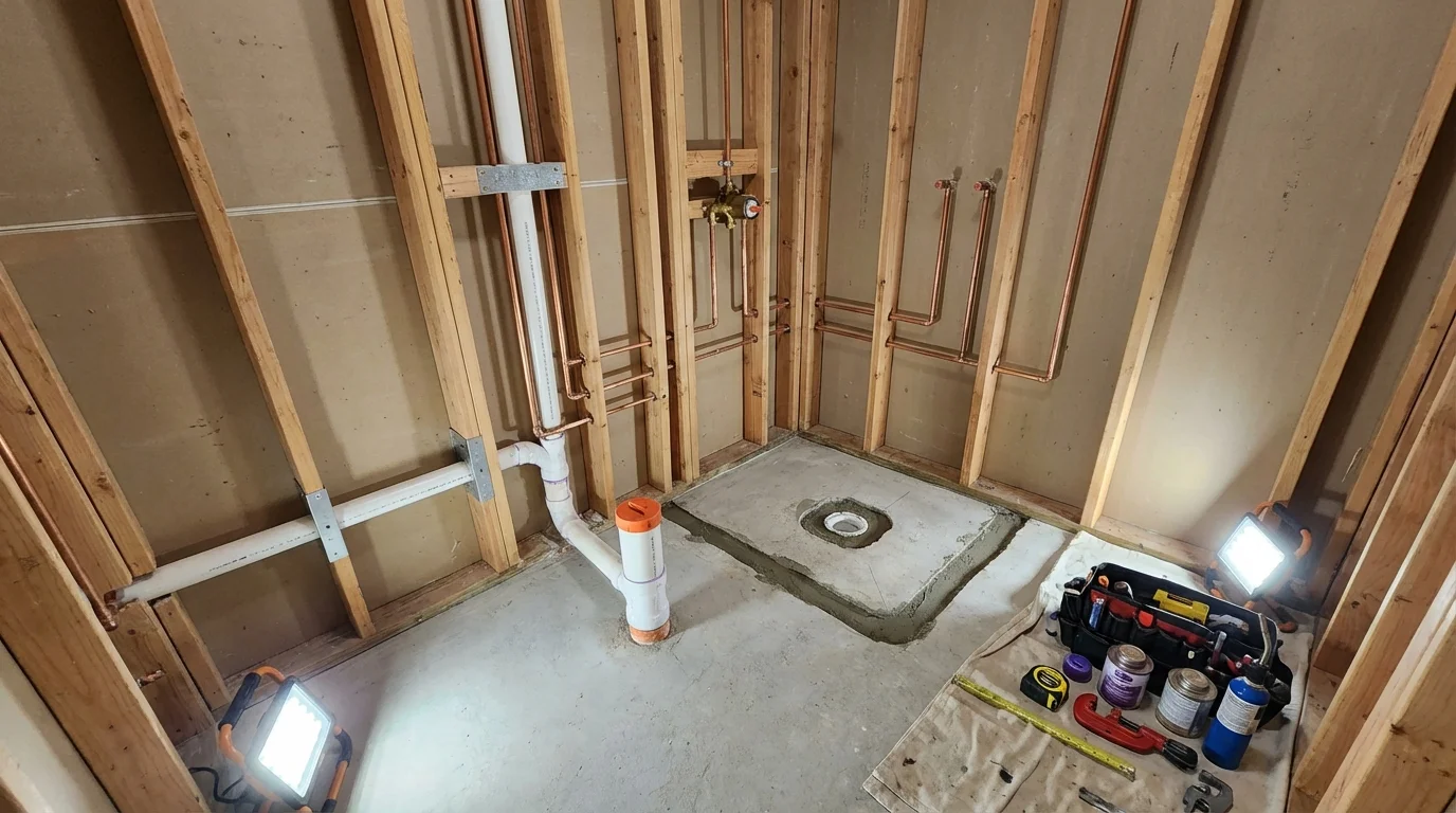 Bathroom rough-in plumbing during remodel by Johns Plumbing LLC in Sheldon