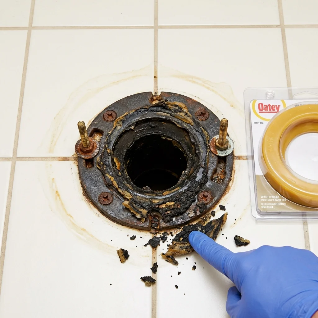 Failed wax ring showing water seepage at the base of a toilet in a Sheldon, IL home