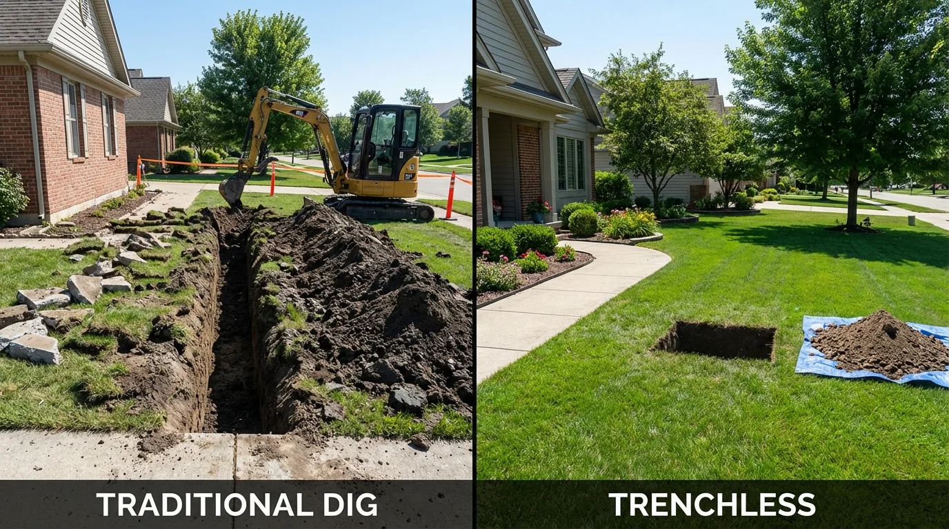 Trenchless sewer repair with minimal yard damage versus traditional excavation in Sheldon, IL