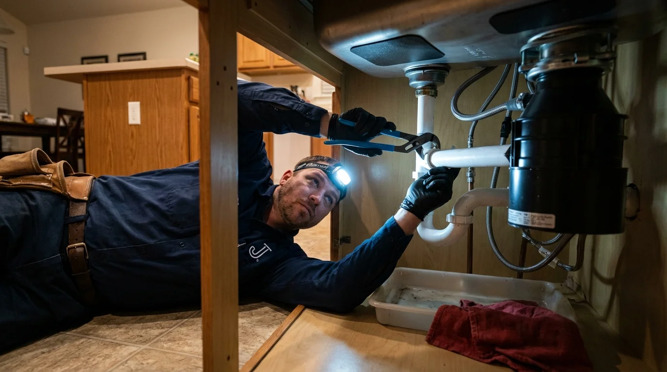 P-trap and supply line connections under a kitchen sink showing a common leak point in Sheldon, IL